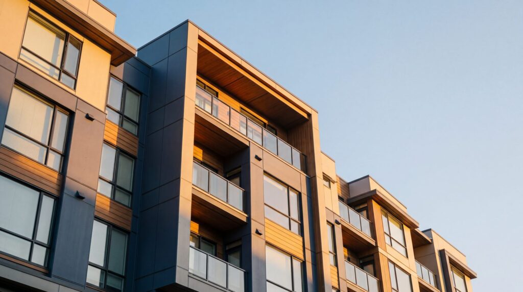 Moderne Wohnhausfassade vor blauem Himmel