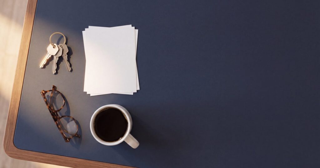 Schlüsselbund, leere Blätter, Brille und Kaffeetasse auf einem dunkelblauen Schreibtisch