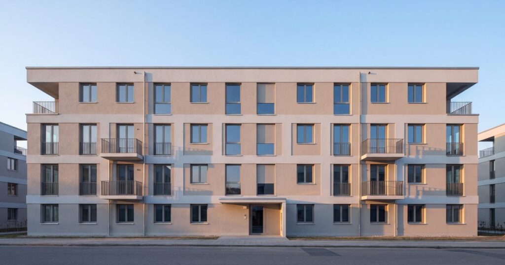 Modernes vierstöckiges Mehrfamilienhaus im Morgenlicht, aufgenommen von der Straße