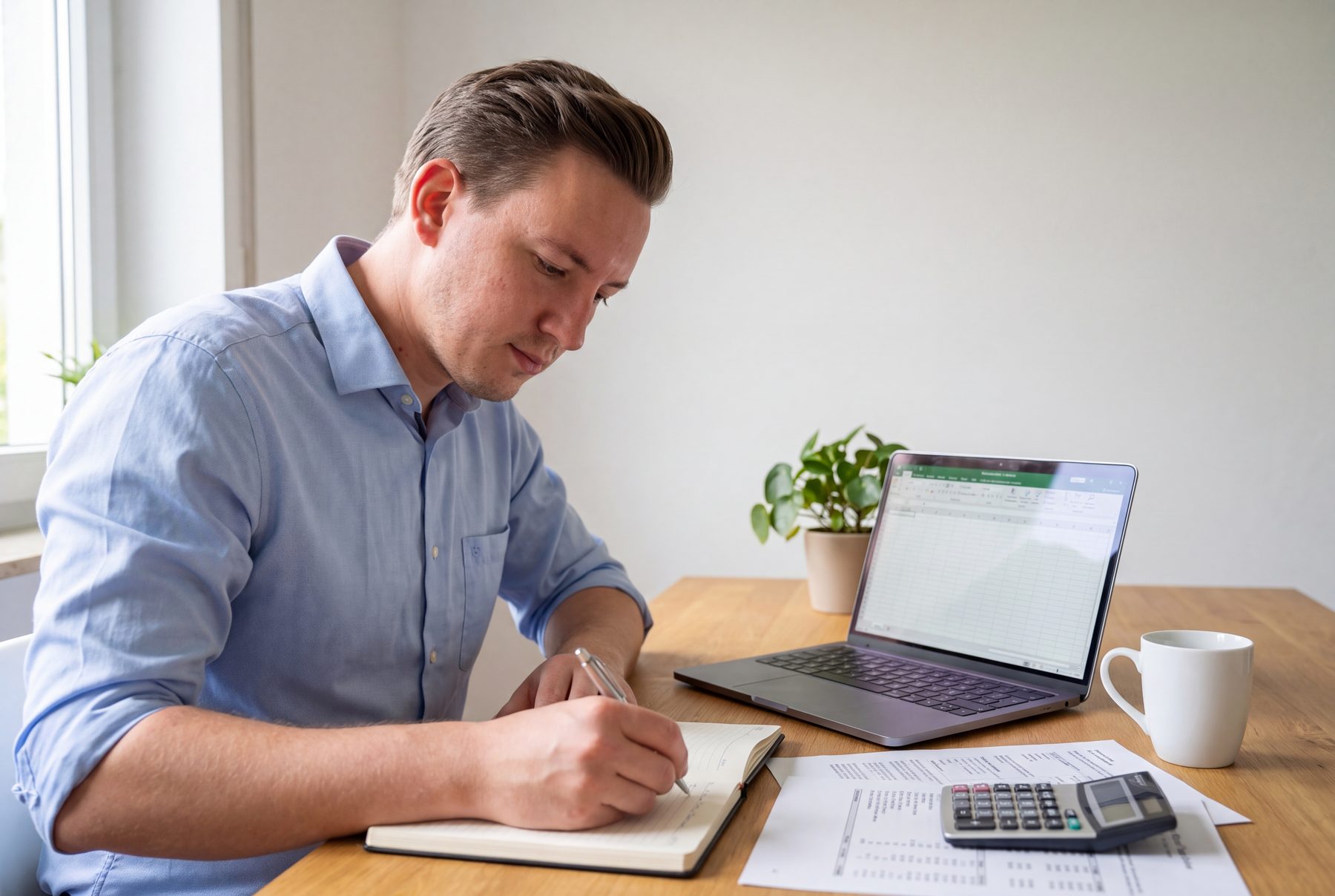 Tom Pasemann am Schreibtisch beim Durchrechnen einer Finanzierung